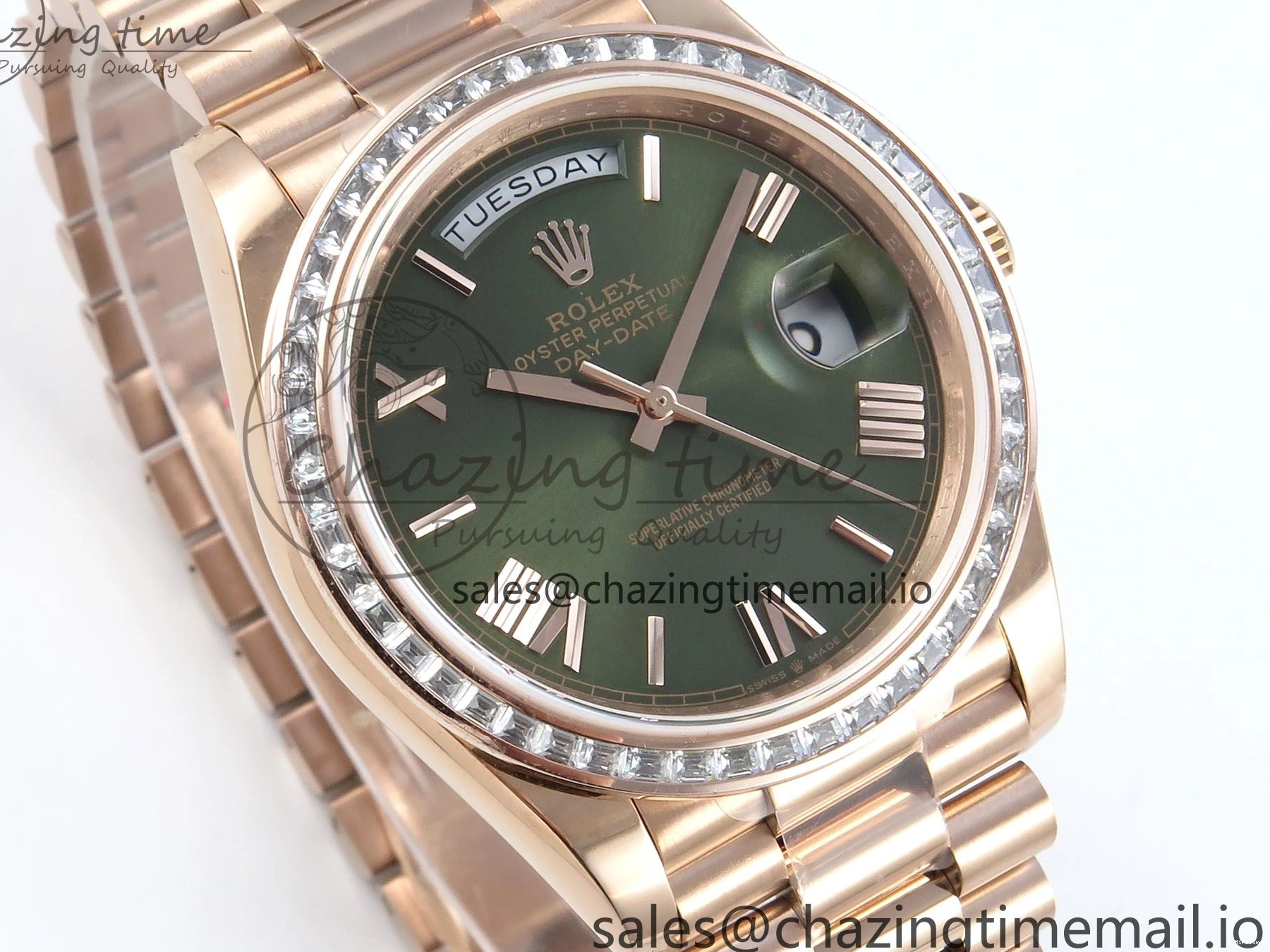 MiroTime 0310 Trendsetting DayDate 40 RG QF 1:1 Best Edition Green Roman Dial Diamonds Bezel on President Bracelet A2836 V5 (Gain Weight) 468